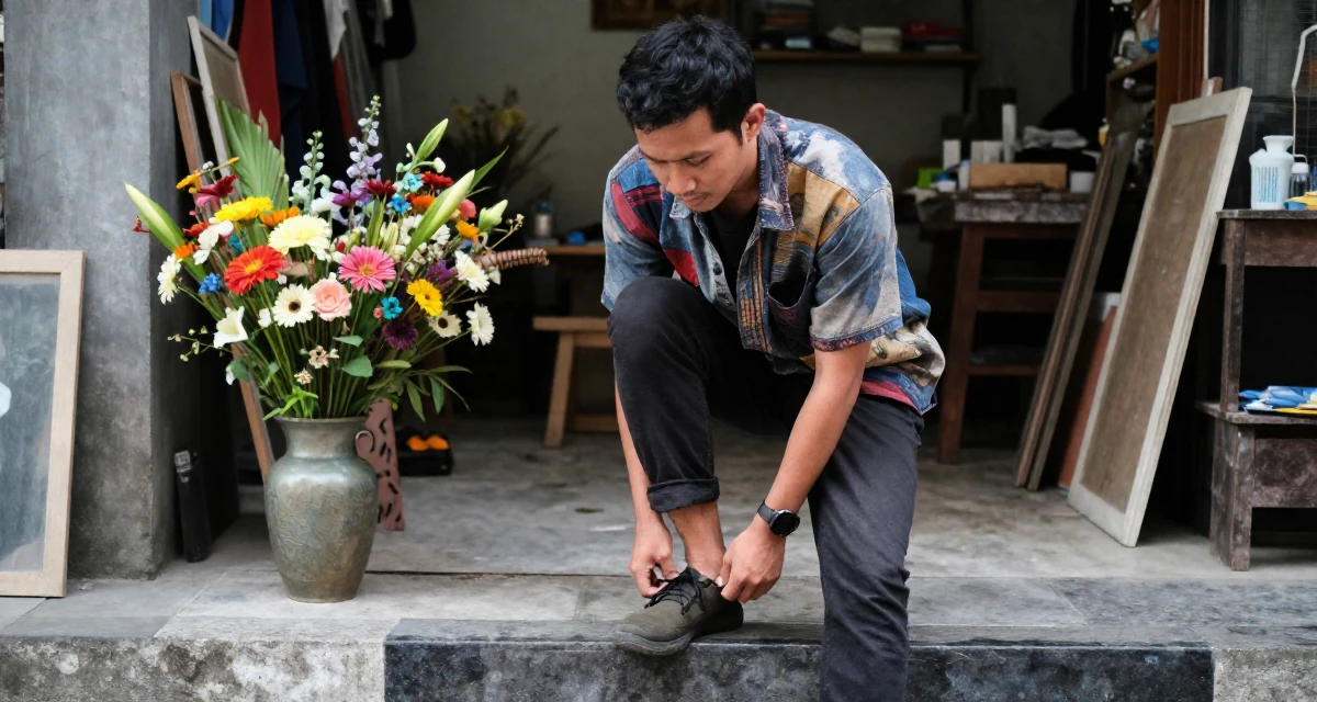 A cold and distant male From Indonesia, based in Bali, graduated from an arts institute majoring in expressive digital portraits in their 23, seeking career clarity through trial and error, wearing a artistic layered clothing, stepping onto a curb in a artist workshop.