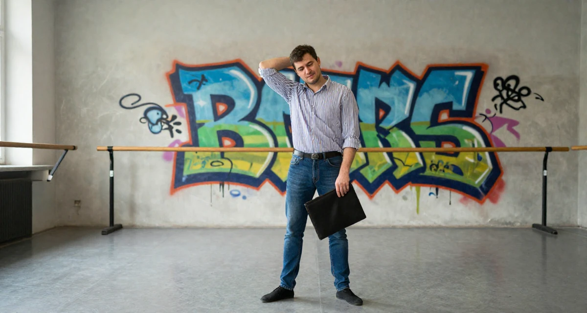 A vibrant and alive male From Hungary, majored in communication strategy in their 22, adjusting to the exhaustion of a 9-to-5 routine, wearing a classic striped shirt and jeans, clutching a clutch bag in a ballet studio.