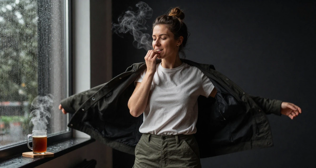 A contented Female From Netherlands, studied digital media and interaction design in their 49, focusing on spiritual growth and grounding, wearing a simple t-shirt and cargo pants, biting a lip thoughtfully in a photo studio.