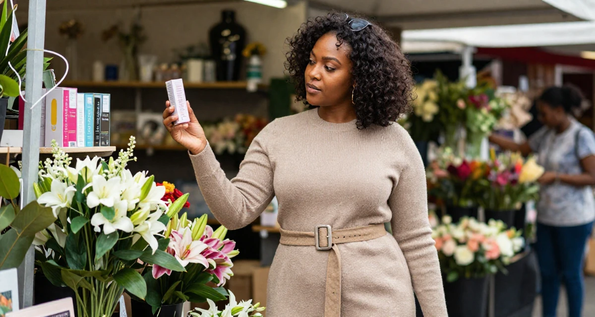A lighthearted Female From South Africa, based in Cape Town, graduated from a fashion university majoring in body-positive styling in their 25, embracing full creative control over a bold persona, wearing a form-fitting sweater dress with a belt, examining a product in a flower shop.