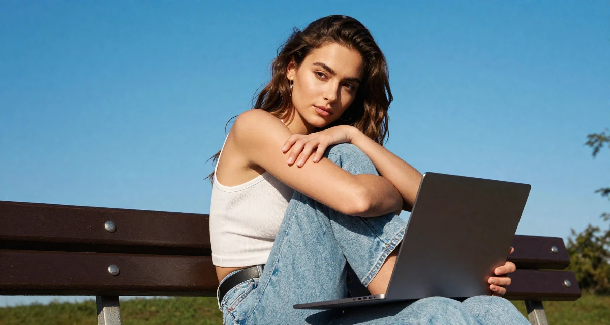 A calm and confident Female From Sofia Bulgaria, studied alternative creative media in their 25, learning to hold eye contact through the lens, wearing a retro 90s casual vibe, holding a laptop in a park bench.