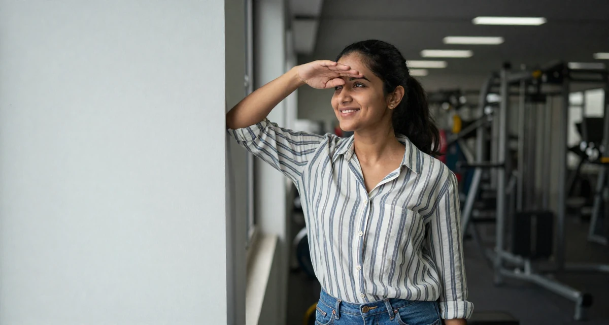 A relaxed and happy Female From India, based in Bangalore, graduated from a technical institute majoring in information systems in their 23, learning how to say “no” to requests outside comfort, wearing a classic striped shirt and jeans, shading eyes with a hand in a gym interior.