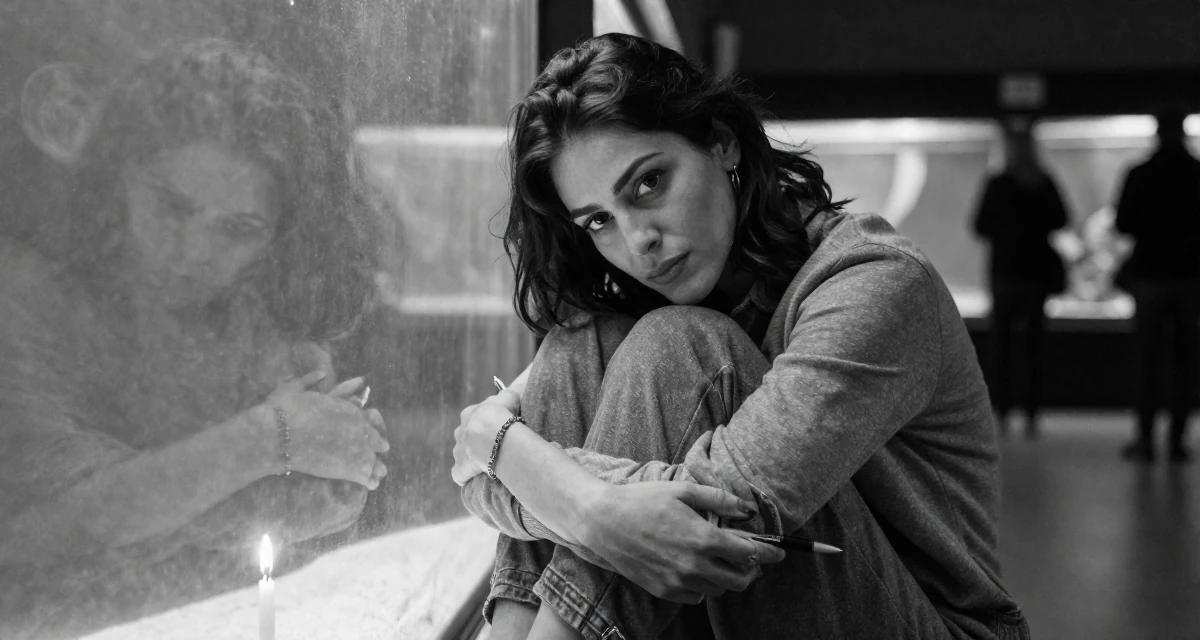 A sultry Female From Portugal, majored in digital storytelling in their 37, focused on building generational wealth, wearing a grey tones casual wear, holding a pen in a aquarium tunnel.