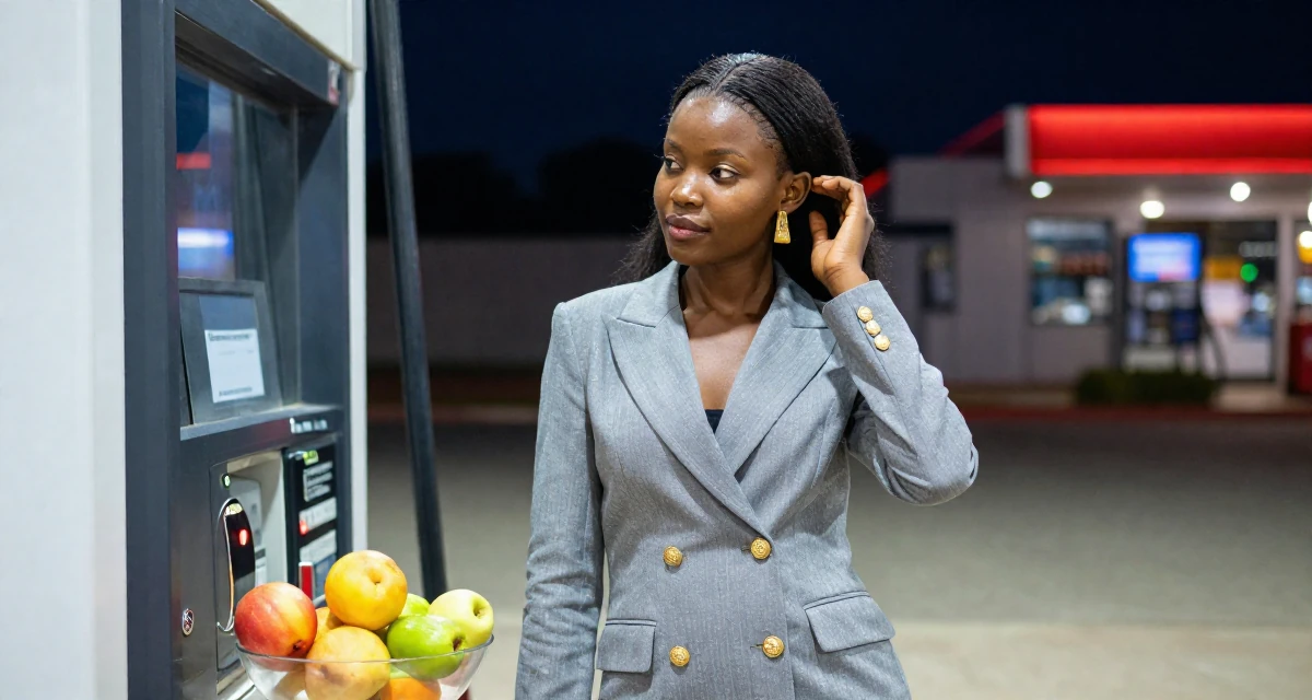 A proud and dignified Female From Burundi, studied business accounting in their 34, wearing success like a second skin, wearing a double-breasted blazer dress with gold buttons, looking at a reflection in a window in a gas station at night.