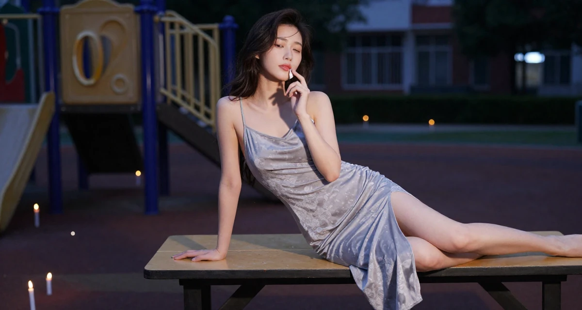 A contented Female Once a biology student, now exploring sensual posing as art in their 22, mastering the art of subtle teasing through framing, wearing a short slip dress with a thigh-high slit, humming a tune visually in a school playground.
