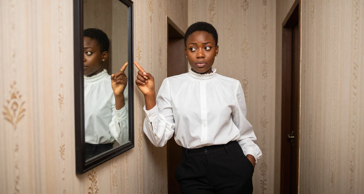 A mischievous Female From Nigeria, studied biomedical science in their 29, letting go of the need to please everyone, wearing a high-neck victorian style blouse and black slacks, pointing at something nearby in a narrow hallway.