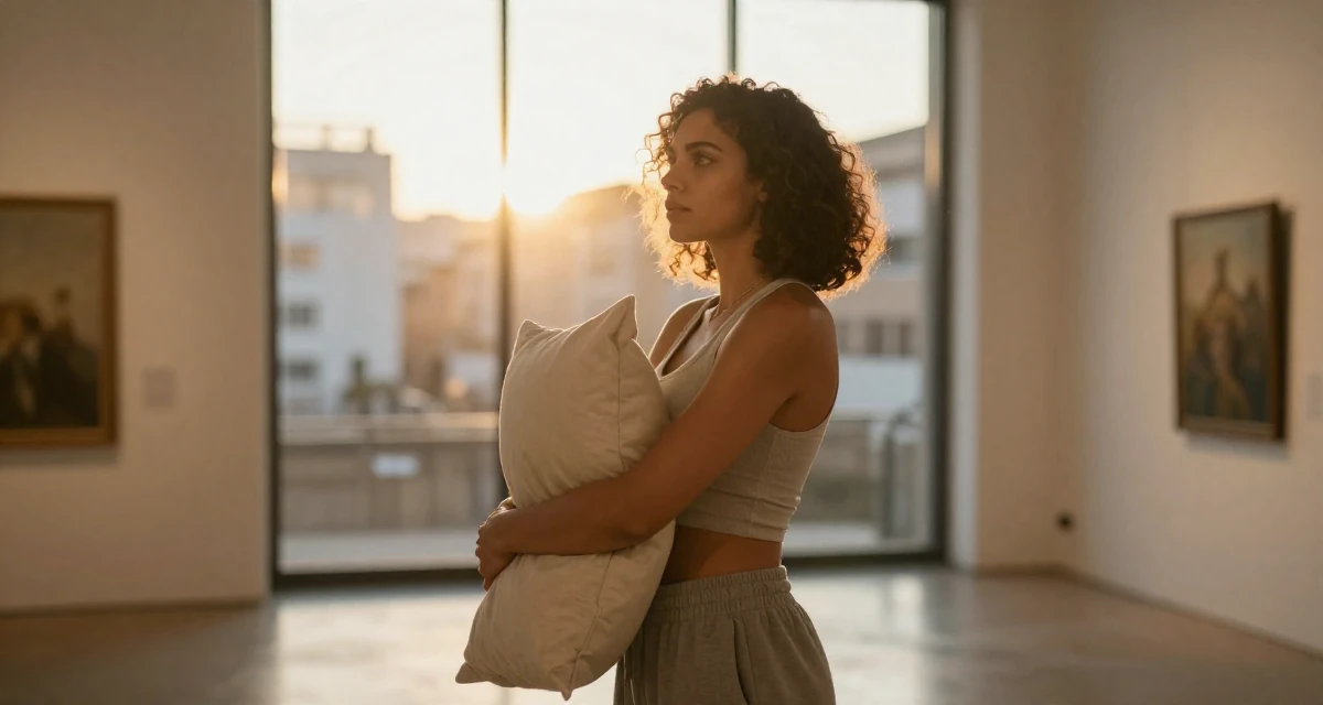 A dignified Female Born in Haiti, majored in international relations in their 31, investing in personal health and fitness, wearing a cropped tank top and low-waisted sweatpants, hugging a pillow or cushion in a art gallery hall.