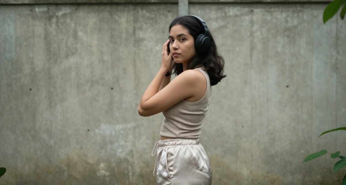 A reserved Female From the Philippines, majored in creative writing in their 23, handling occasional negative comments professionally, wearing a loose silk trousers and a fitted tank top, adjusting headphones in a botanical greenhouse.