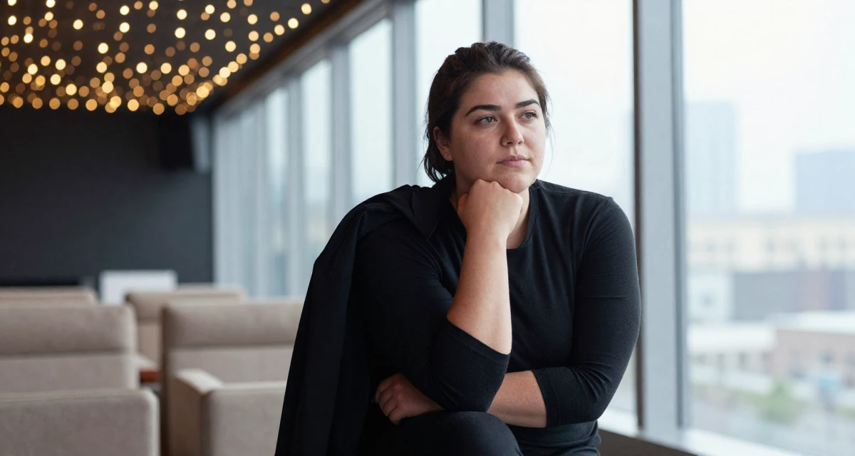 A thoughtfully silent Female Once a delivery driver, now a confidence-focused body-positive creator in their 24, investing in quality furniture and lifestyle, wearing a monochromatic black outfit, holding a jacket over a shoulder in a cinema entrance.