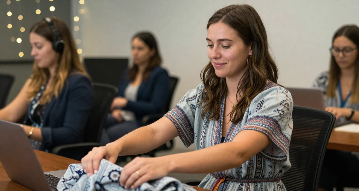 A softly smiling Female From Australia, majored in e-commerce in their 23, comparing their career progress to peers online, wearing a relaxed bohemian style dress, smoothing out clothes in a conference room.