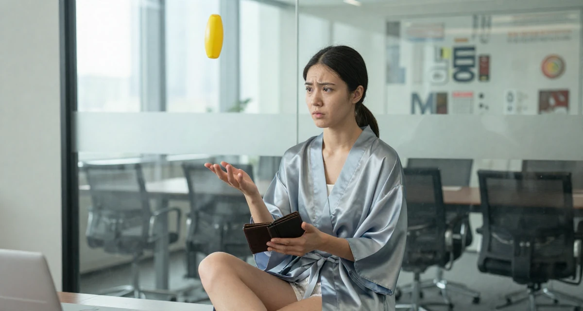 A troubled Female From Hangzhou China, majored in visual arts in their 25, juggling part-time jobs with studies, wearing a silky kimono robe worn open over loungewear, checking a wallet in a glass-walled conference room.
