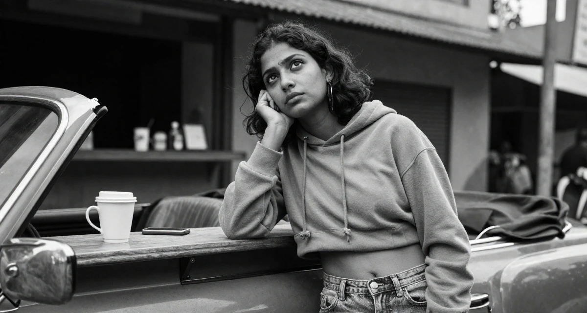 A dazed Female From Sri Lanka, studied digital commerce in their 49, preparing for a spiritual pilgrimage, wearing a cropped hoodie showing midriff and low-rise jeans, gazing at the sky in a vintage convertible car.