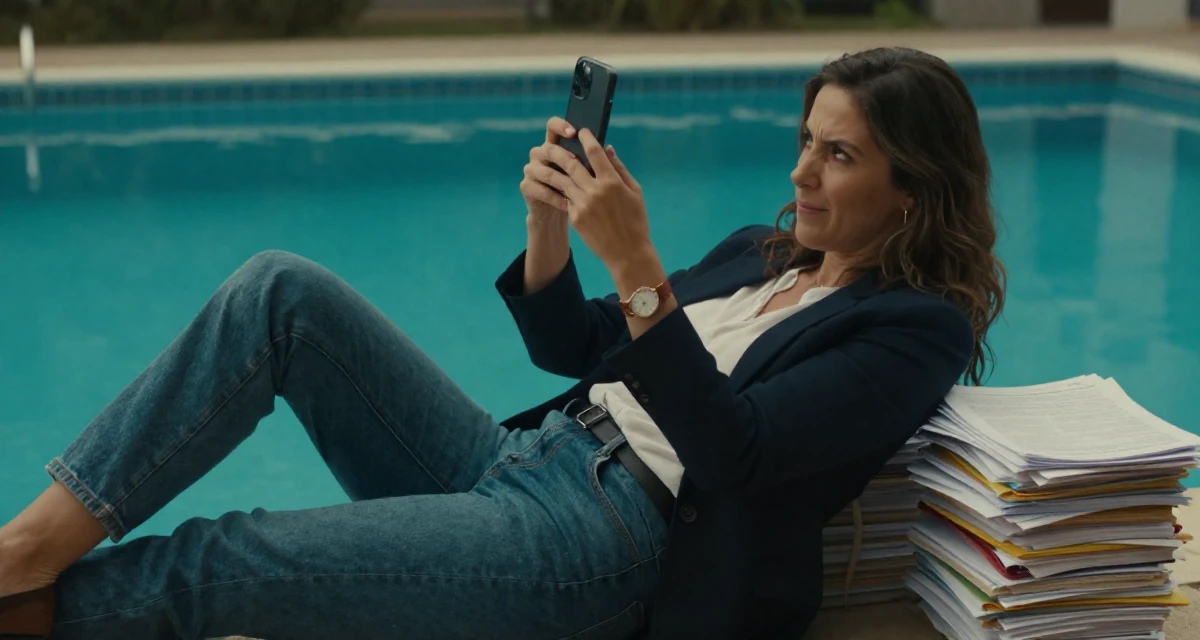 A mischievous Female From Bolivia, based in Santa Cruz, graduated from a media academy majoring in creative strategy in their 46, advocate for work-life balance in leadership, wearing a business casual outfit with jeans and a blazer, snapping a photo with a phone in a swimming pool.