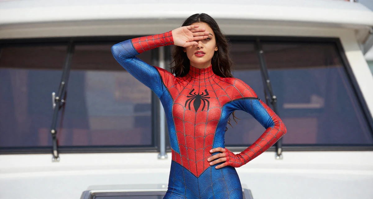 A energetic Female Born overseas, studied communication studies in their 24, taking care of their physical health consistently, wearing a spider-themed villainess suit, covering eyes from the sun in a yacht deck.
