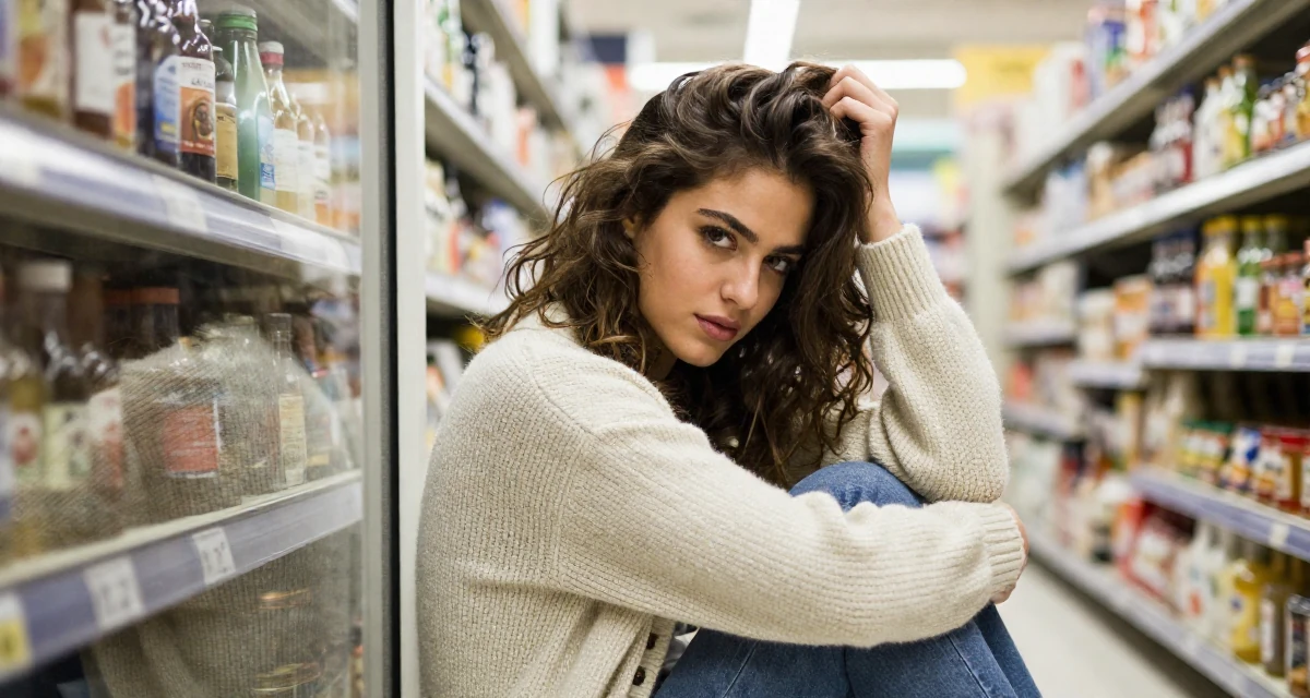 A quietly confident Female From Libya, studied marine engineering in their 25, transitioning from teenage habits to adult routines, wearing a cozy knit cardigan and slacks, messing up hair playfully in a supermarket aisle.