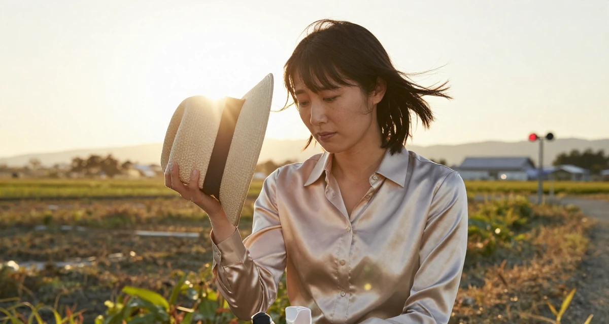 A sorrowful Female From Japan, majored in psychology in their 41, finding joy in volunteering and community, wearing a satin button-up shirt in champagne color, holding a hat against the wind in a farm field.