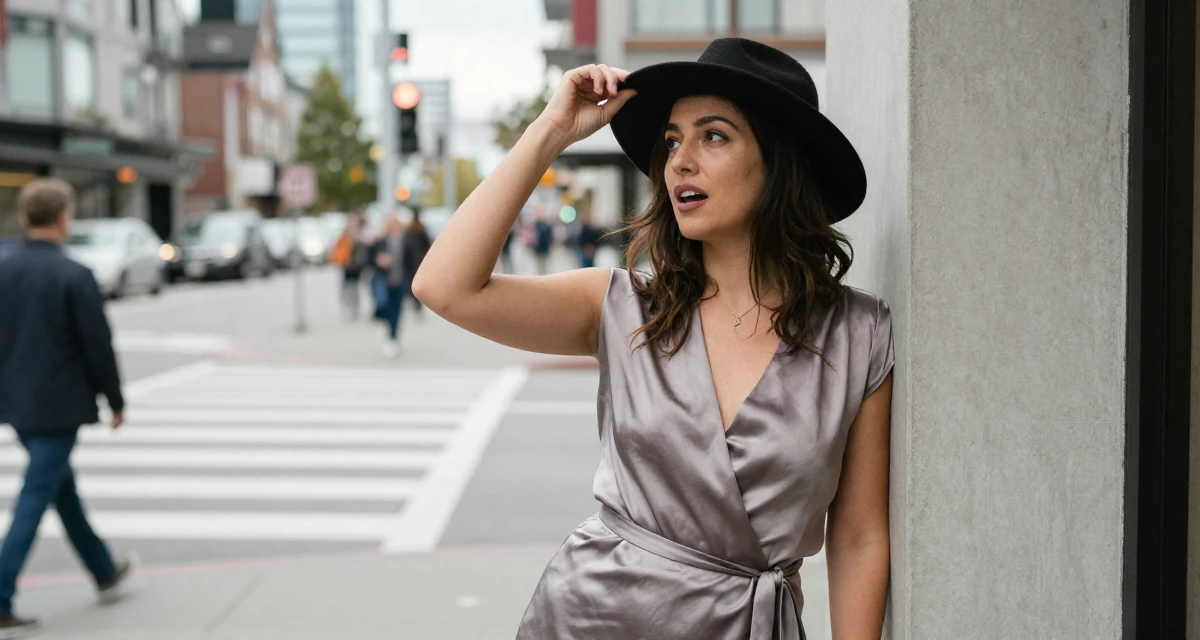 A wild Female From Canada, based in Vancouver, graduated from an arts institute majoring in creative media in their 34, refining personal style to be timeless, wearing a satin wrap dress tied loosely at the waist, tipping a hat in a busy crosswalk.