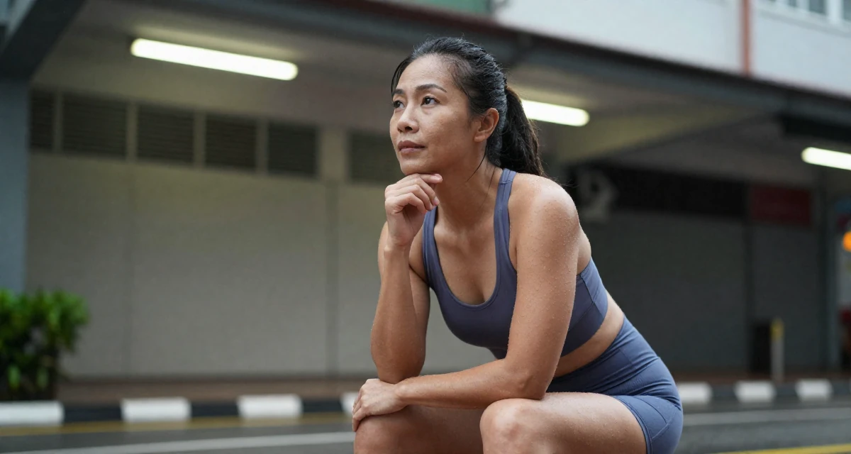 A captivating Female From Singapore, based in Jurong, graduated from a polytechnic majoring in aesthetic marketing in their 46, wellness advocate for women over 40, wearing a cropped gym top and high-cut running shorts, touching the chin thoughtfully in a rainy street corner.