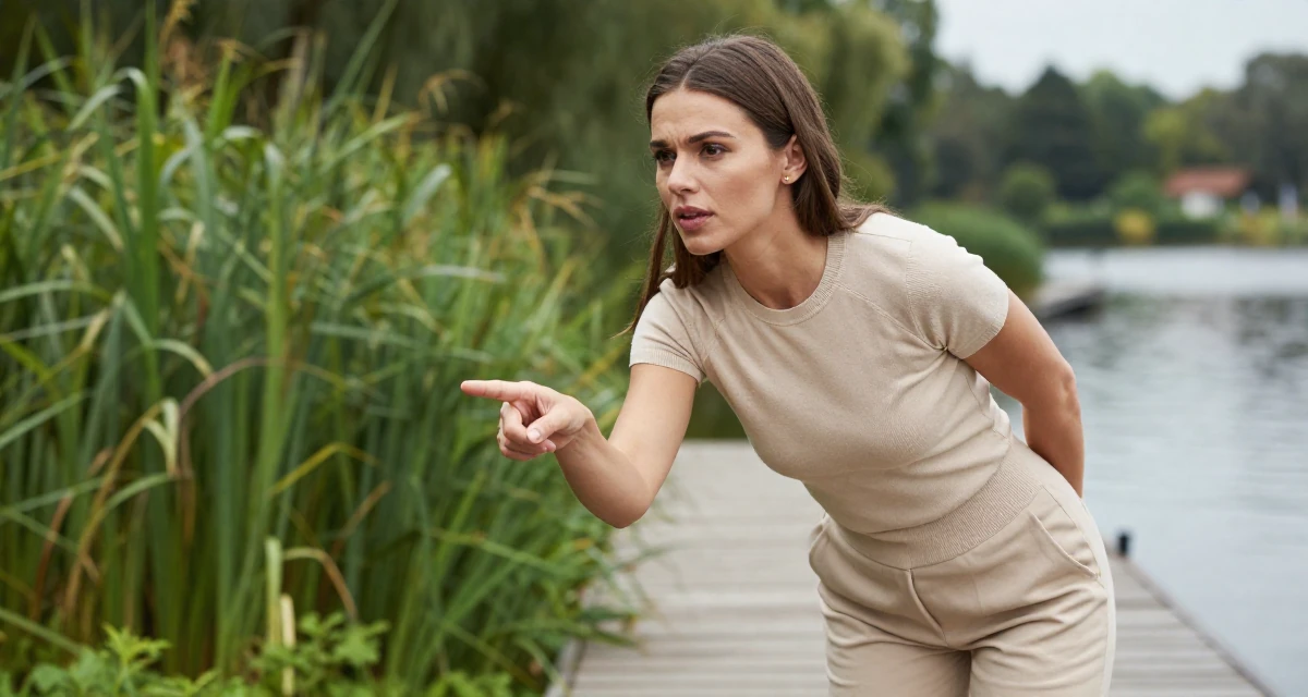 A compassionate Female From Poland, based in Gdańsk, graduated from a communication college majoring in expressive personal branding in their 31, investing in personal health and fitness, wearing a monochromatic beige outfit with a knit top and trousers, pointing at something nearby in a serene lakeside dock.