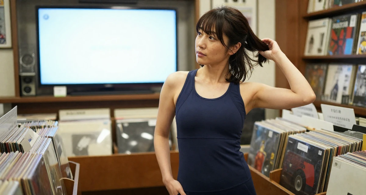 A empowered Female From Japan, based in Osaka, graduated from a local college majoring in marketing in their 20, living entirely for the aesthetic of the moment, wearing a fitted athletic wear, brushing hair back in a vintage record store.