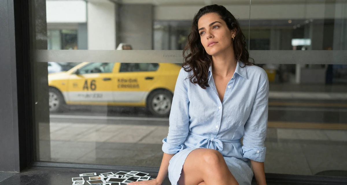 A lazy Female From Brazil, trained in digital cinematography in their 25, gaining confidence in professional expertise, wearing a button-up shirt dress with the top buttons undone, waiting for a taxi in a cinema entrance.