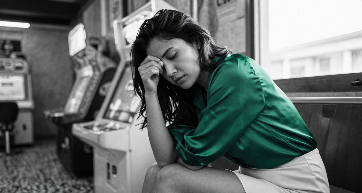 A timid Female From Cebu Philippines, gained confidence through swimwear modeling gigs in their 25, exploring personal identity for the first time, wearing a emerald green silk blouse and a cream skirt, rubbing eyes in a arcade room with neon lights.