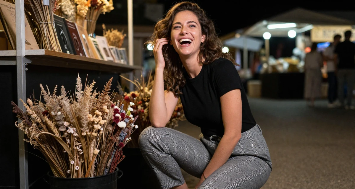 A enigmatic Female Grew up in Croatia, studied interaction design in their 36, preparing for a second child, wearing a grey plaid trousers and a fitted black tee, laughing uncontrollably in a night market stall.