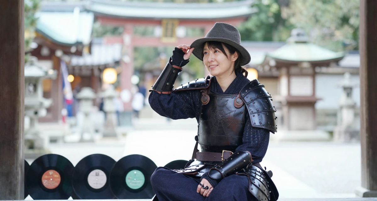 A grateful Female Once a university researcher, now creating slow-life intimate content in their 40, facing mid-career uncertainty, wearing a dark elf leather armor with spiderweb motifs, tipping a hat in a Japanese Shinto shrine.