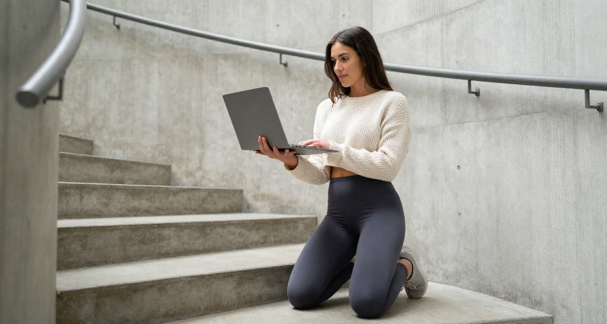 A curious Female From UK, studied anthropology in their 25, building a loyal fanbase with tasteful flirty storytelling, wearing a cropped knitted sweater and form-fitting yoga pants, holding a laptop in a winding staircase.