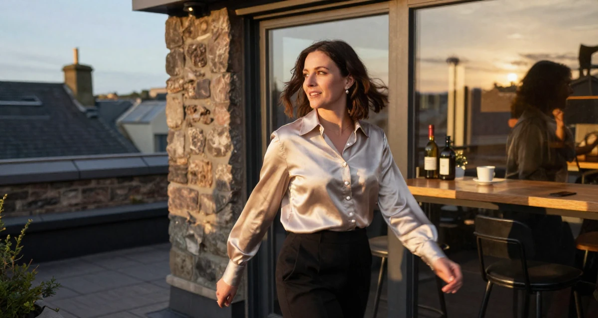 A charming Female From Scotland, studied game design in their 30, planning adult responsibilities with unstable cash flow, wearing a satin blouse with pearl buttons, leaning against a door in a rooftop terrace at sunset.