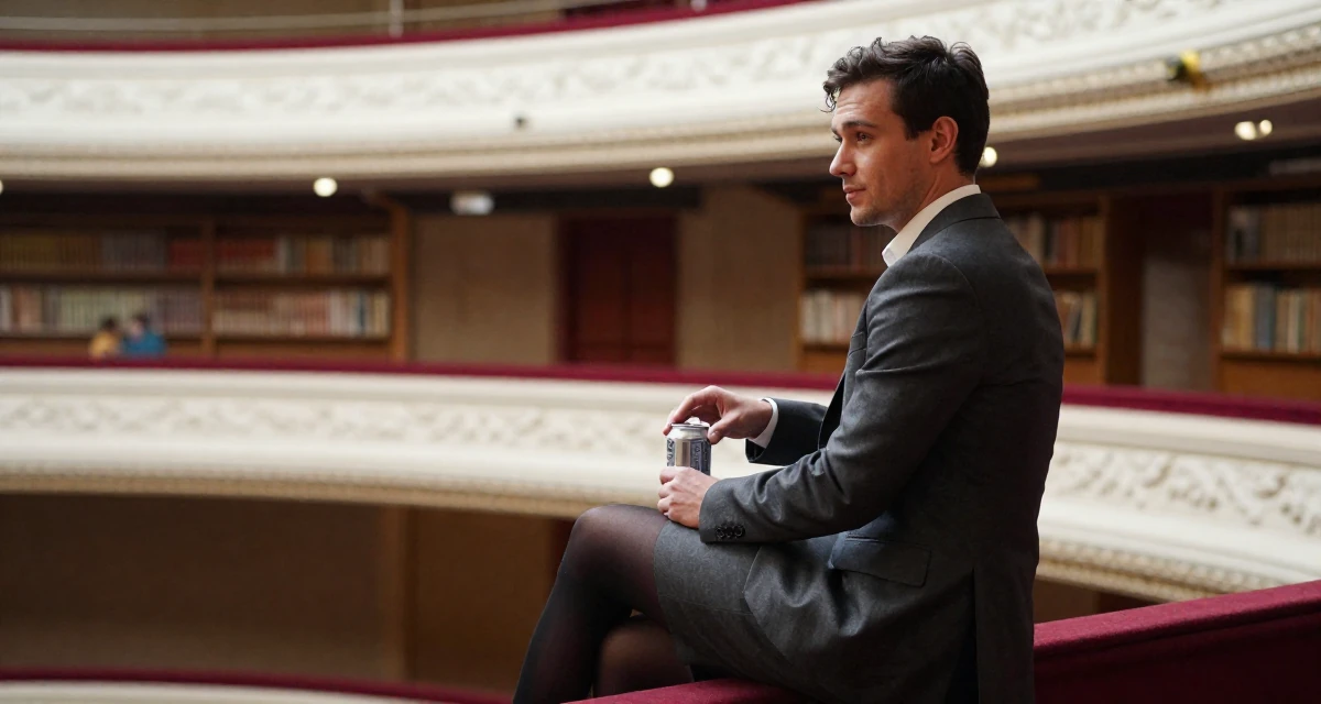 A soulful male From Australia, based in Gold Coast, graduated from a media academy majoring in sensual creative direction in their 27, accepting that success requires endless reinvention, wearing a black stockings and a charcoal business suit skirt, opening a soda can in a opera house balcony.