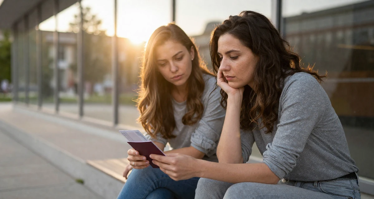 A stoic Female From Budapest Hungary, explored sensual character-based content in their 49, celebrating female friendship and support, wearing a grey tones casual wear, holding a passport or ticket in a university campus.
