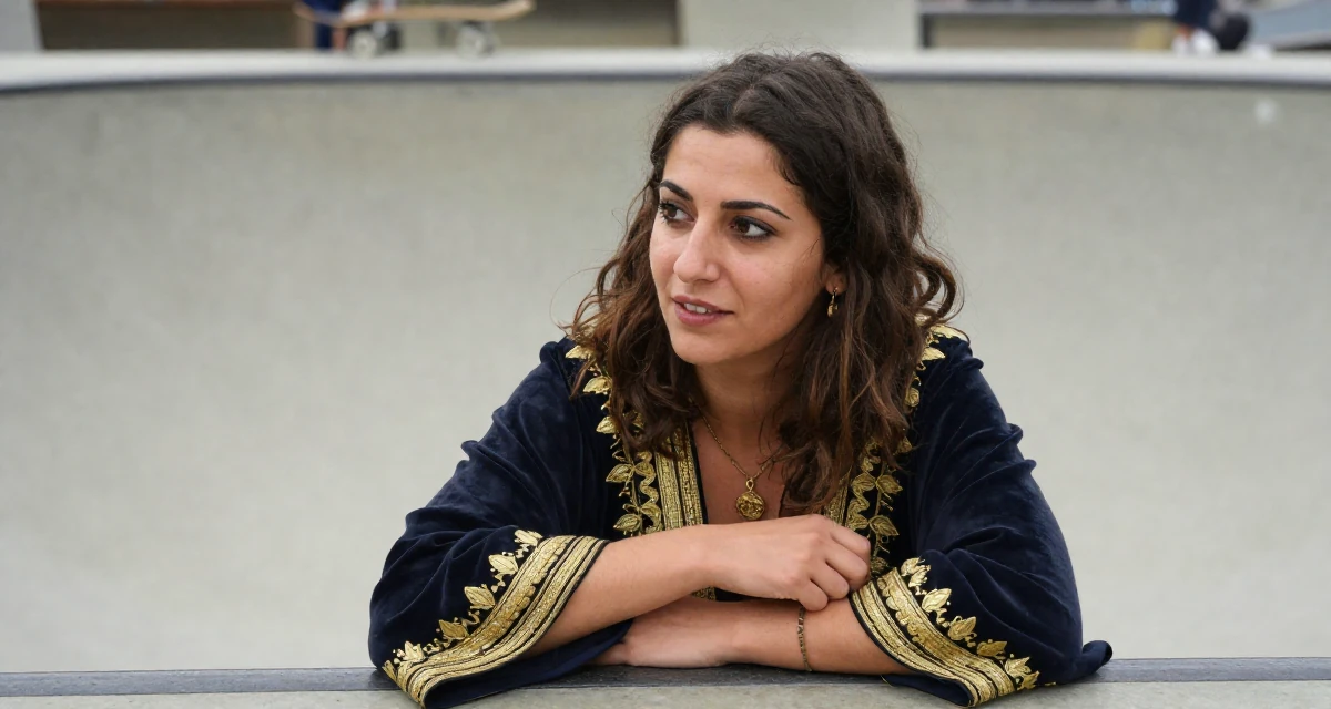 A vibrant and alive Female From Ankara Türkiye, holds a degree in international trade in their 49, celebrating the beauty of imperfection, wearing a high-fantasy sorceress robe with gold embroidery, adjusting sleeves in a skate park.