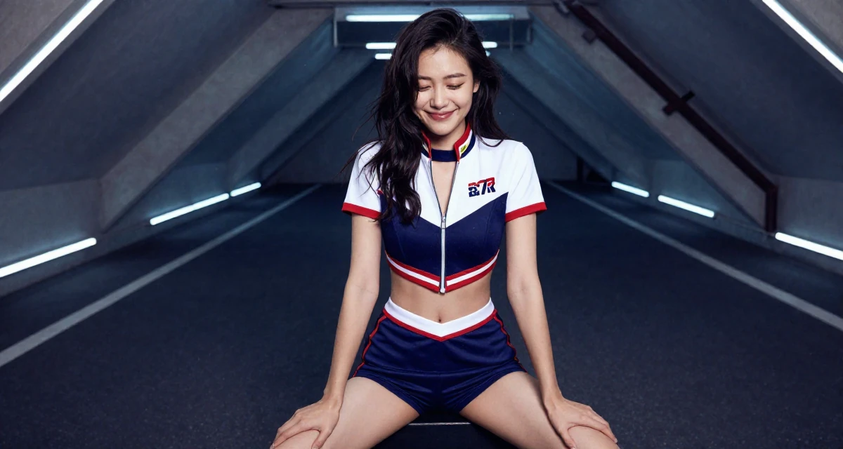 A shy Female Former retail cashier, now monetizing aesthetic self-portraits in their 27, forcing yourself to smile in content on bad days, wearing a race queen outfit with a zipper front and mini skirt, shivering slightly in a attic room.