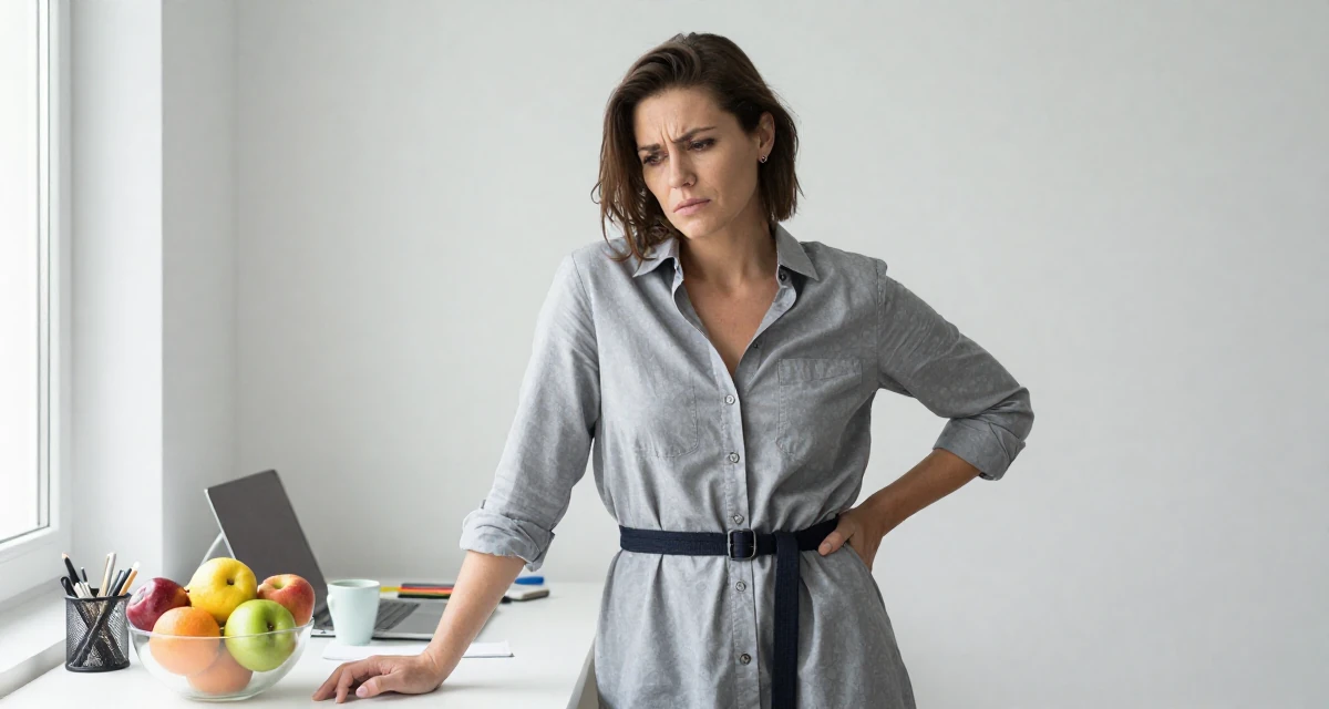 A stressed Female From Kraków Poland, majored in European studies in their 30, embracing a new level of self-assurance, wearing a button-up shirt dress with the top buttons undone, adjusting a belt in a messy desk.