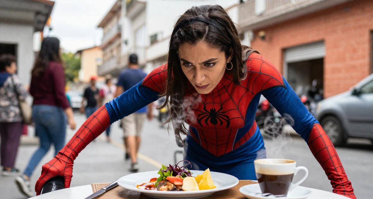 A intense and captivating Female From Bolivia, based in Santa Cruz, graduated from a media academy majoring in creative strategy in their 31, learning to cook gourmet meals at home, wearing a spider-themed villainess suit, looking down at shoes in a bustling city street.