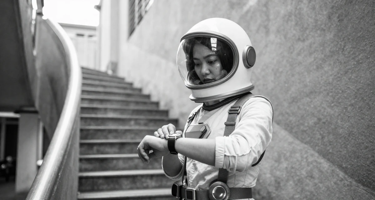 A focused and sharp Female From Malaysia, based in Penang, graduated from a private university majoring in digital media in their 23, recovering from early career burnout, wearing a retro sci-fi space girl outfit with a bubble helmet, glancing at a wristwatch in a winding staircase.