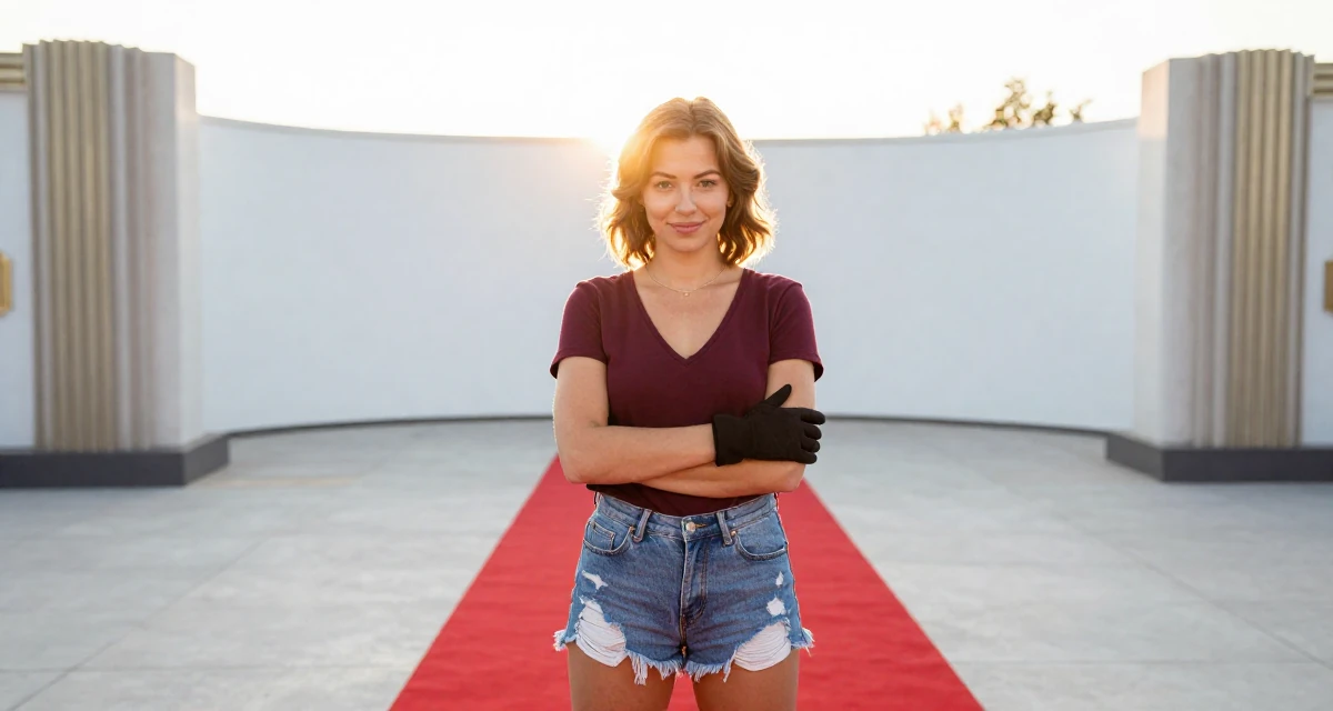 A sweet Female From Tampere Finland, majored in game development in their 22, understanding the importance of mental resilience, wearing a deep v-neck t-shirt and distressed denim shorts, putting on a glove in a red carpet event.