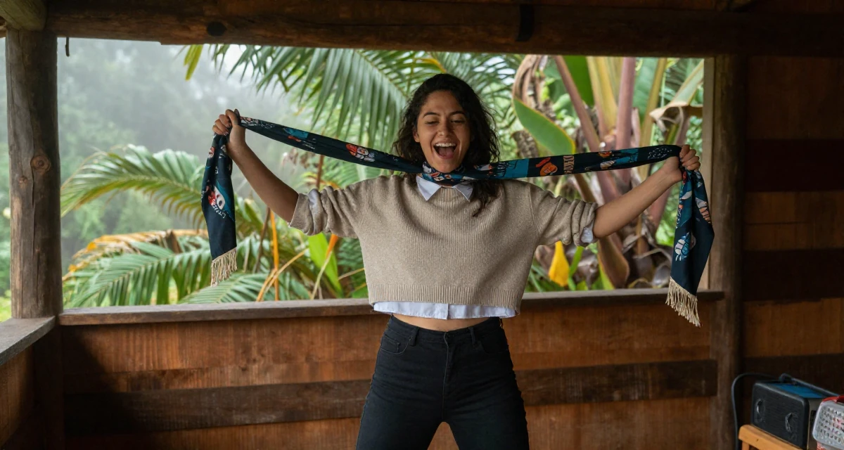 A ecstatic Female From Canada, has a diploma in graphic design in their 23, balancing sensual creativity with school deadlines, wearing a cropped sweater over a collared shirt, wrapping a scarf around the neck in a rustic wooden cabin interior.
