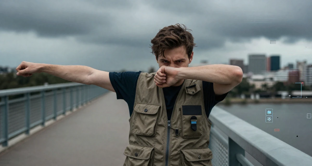 A moody male Once a biology lab intern, now crafting sensual science-themed content in their 20, hiding insecurity behind a cool facade, wearing a urban explorer utility vest look, stretching arms after waking in a bridge walkway.