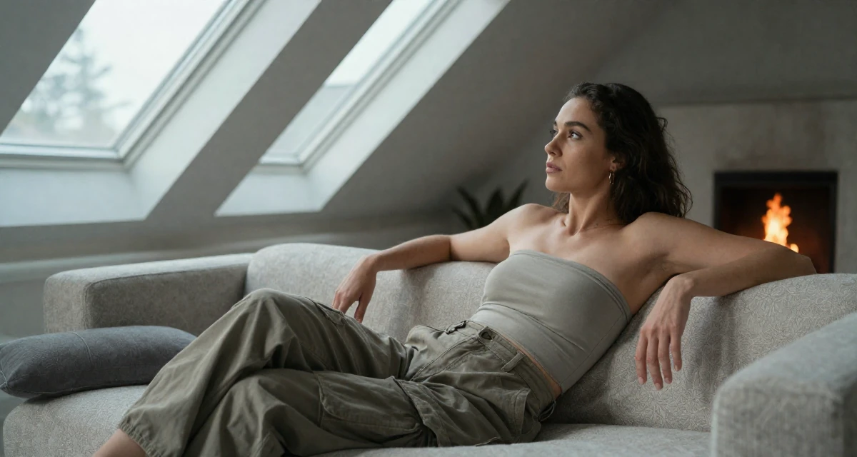 A hypnotic Female From Canada, based in Vancouver, graduated from an arts institute majoring in creative media in their 42, focused on stability over ambition, wearing a strapless tube top and cargo pants, waiting for a light to change in a attic room.