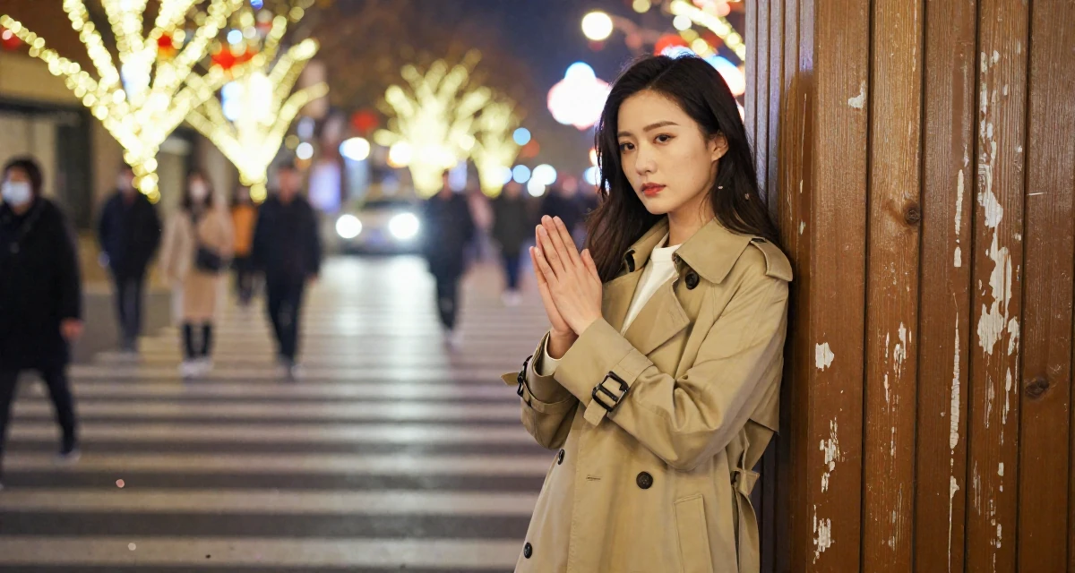 A calm and confident Female From China, studied computer graphics in their 25, trying to build an aesthetic that feels authentic, wearing a stylish trench coat over basics, wiping hands in a busy crosswalk.