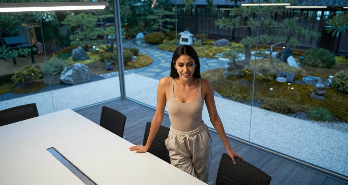 A radiant Female From Abu Dhabi UAE, learned studio production and lighting design in their 27, focusing on long-term wealth building, wearing a high-cut bodysuit paired with loose jogging bottoms, shifting weight impatiently in a glass-walled conference room.