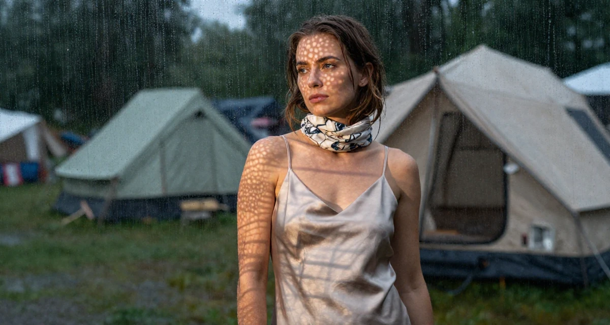 A calmly observant Female From Tampere Finland, majored in game development in their 22, entering the workforce with limited experience, wearing a silk slip dress in a soft neutral tone, wrapping a scarf around the neck in a camping site.