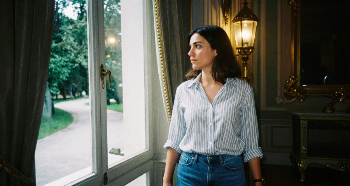 A introspective Female From Thessaloniki Greece, majored in international economics in their 44, proud of professional achievements and growth, wearing a classic striped shirt and jeans, looking out the window in a royal palace throne room.