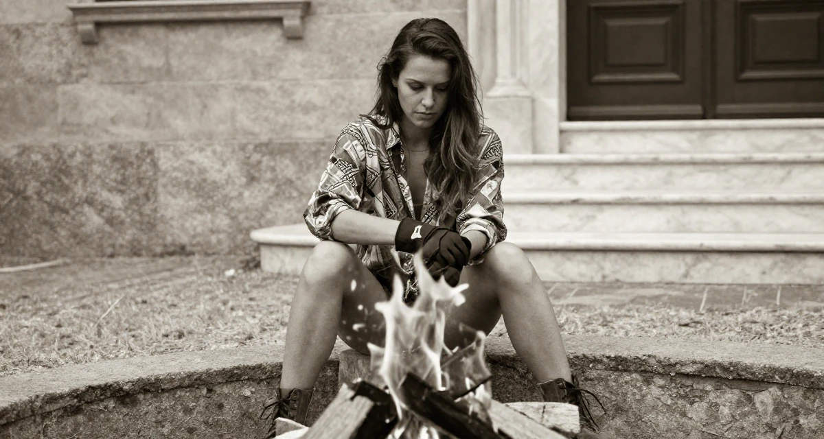 A determined Female From Switzerland, based in Geneva, graduated from a local university majoring in communication management in their 33, balancing softness with inner strength, wearing a relaxed fit patterned shirt, removing a glove in a campfire circle.