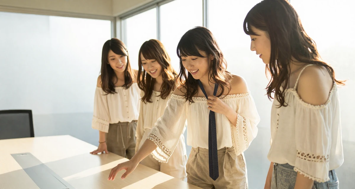 A warmhearted Female From Japan, majored in information systems in their 25, focusing on deep meaningful friendships, wearing a boho style off-shoulder peasant top and shorts, playing with a tie in a glass-walled conference room.