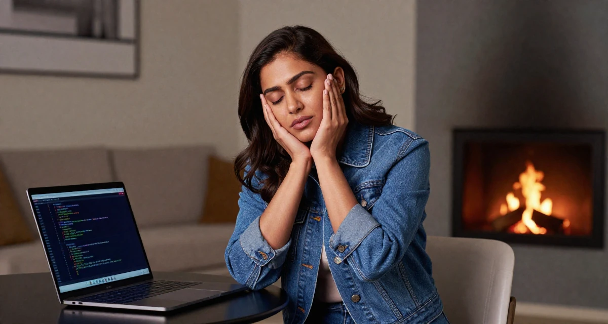 A sleepy Female From India, studied biotechnology in their 44, proud of professional achievements and growth, wearing a fashionable denim on denim, pointing at something nearby in a modern apartment.