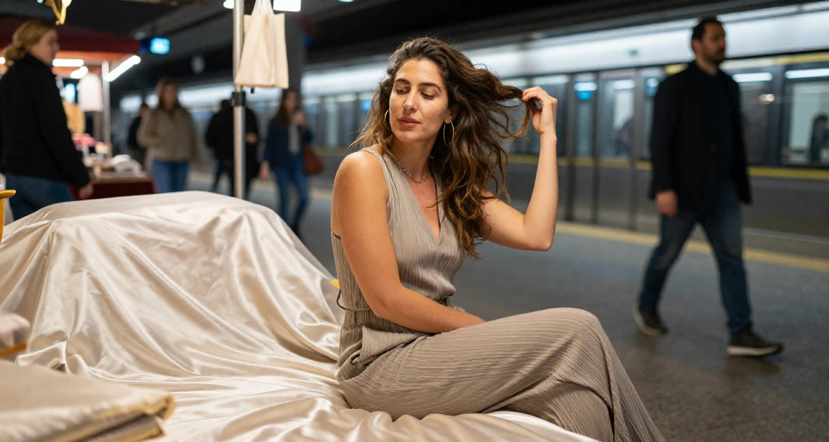 A relaxed Female From Israel, majored in computational biology in their 42, passionate about sustainable luxury living, wearing a relaxed fit pleated trousers, twirling a lock of hair in a night market stall.