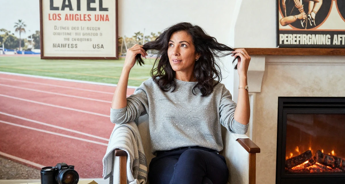 A passionate Female From Los Angeles USA, majored in performing arts in their 50, established authority in a niche industry, wearing a modern casual lifestyle wear, twirling a lock of hair in a running track.